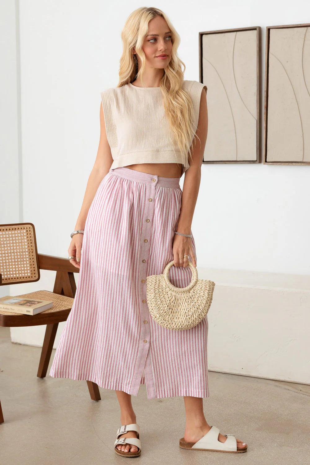 Patio Stripe Button down Maxi Skirt