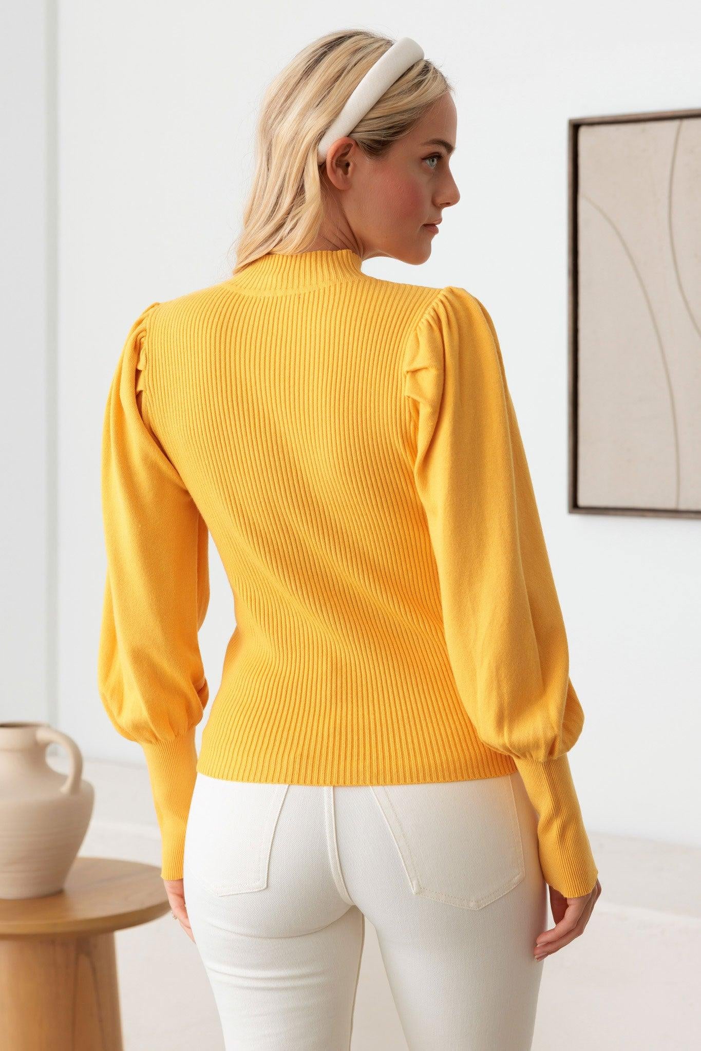 Ribbed Mock Neck Long Balloon Sleeve Sweater