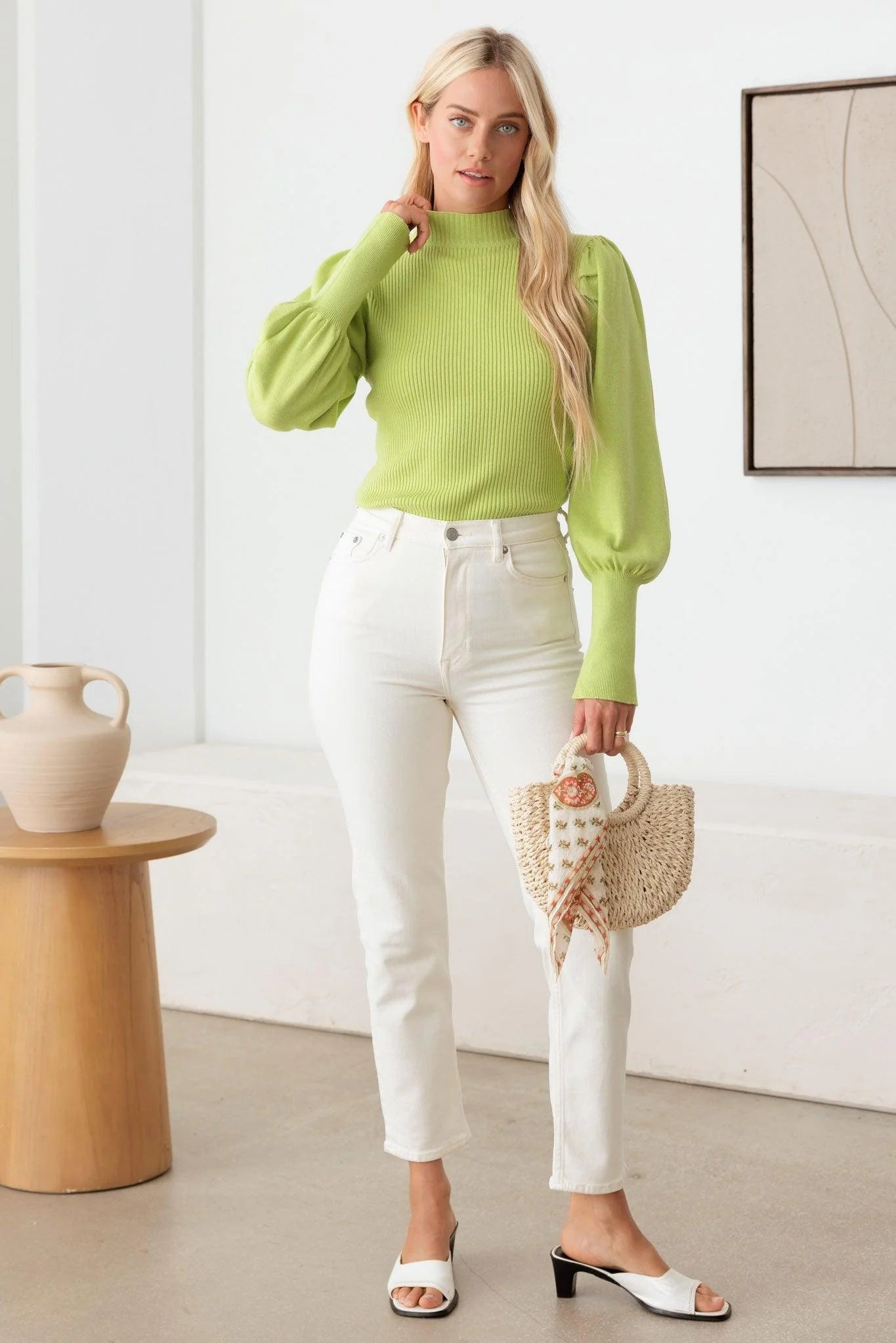 Ribbed Mock Neck Long Balloon Sleeve Sweater