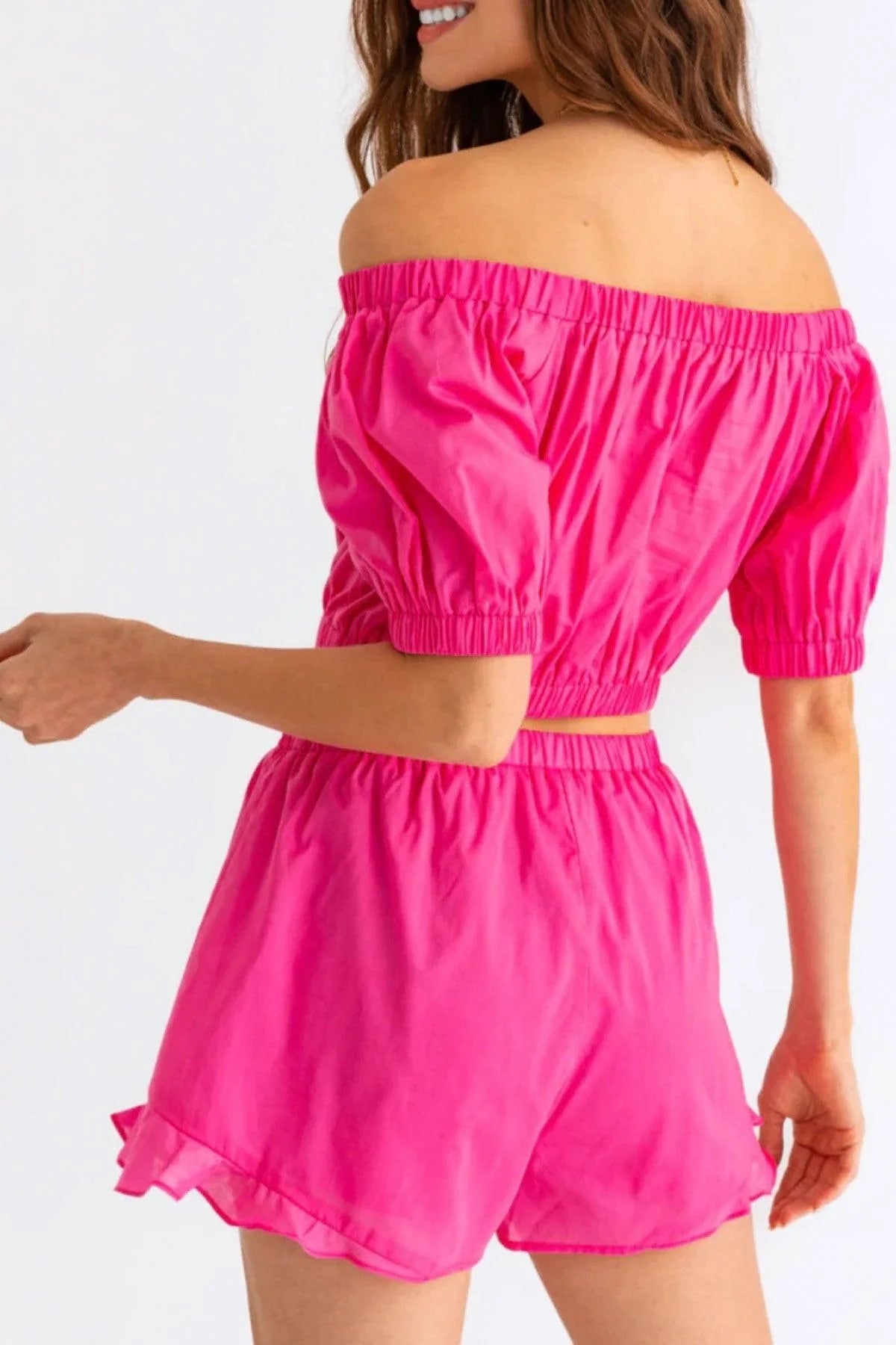 Hot Pink off Shoulder Crop Top Ruffle Shorts Set