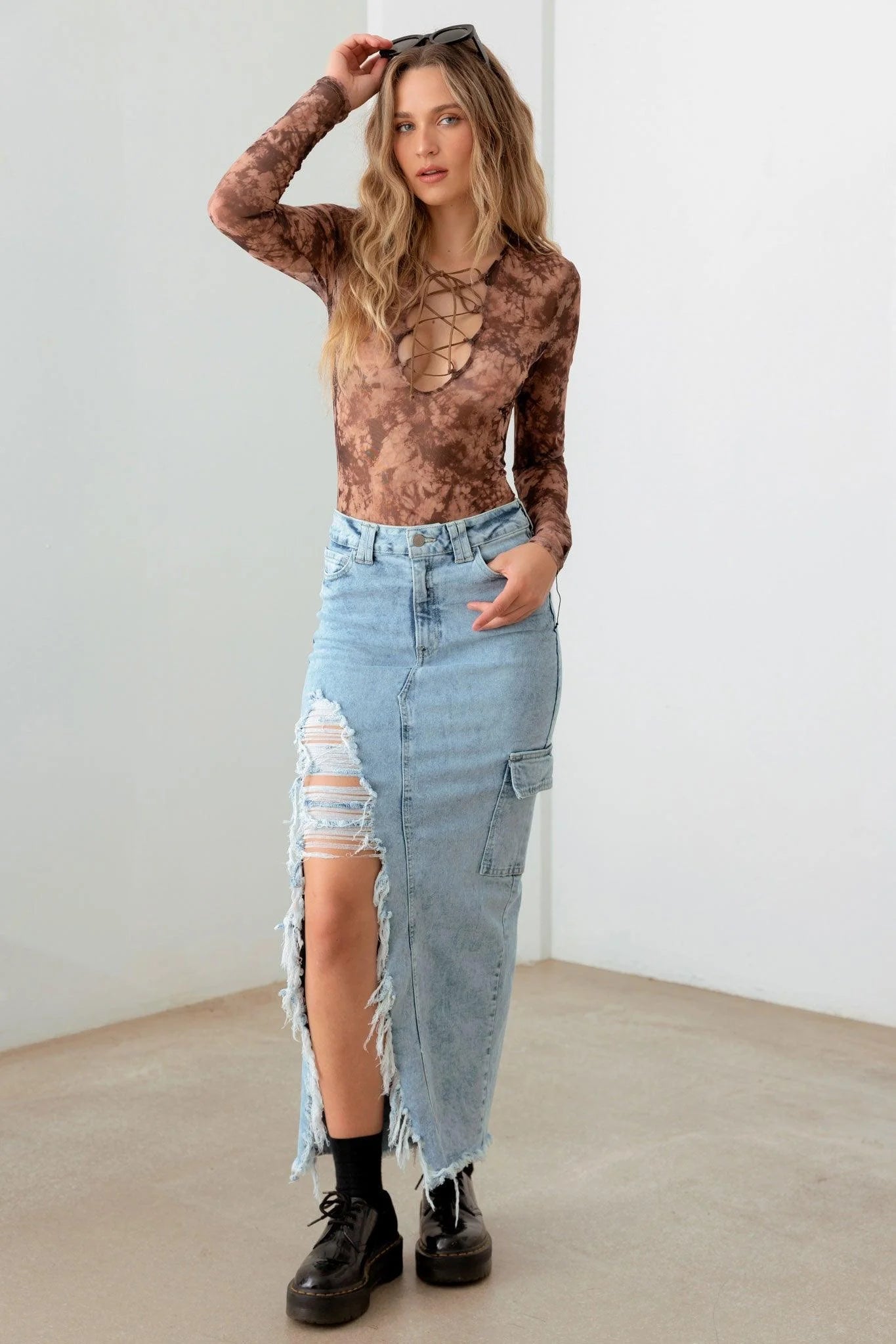 Front & Back Slit Cargo Pocket Maxi Denim Skirt