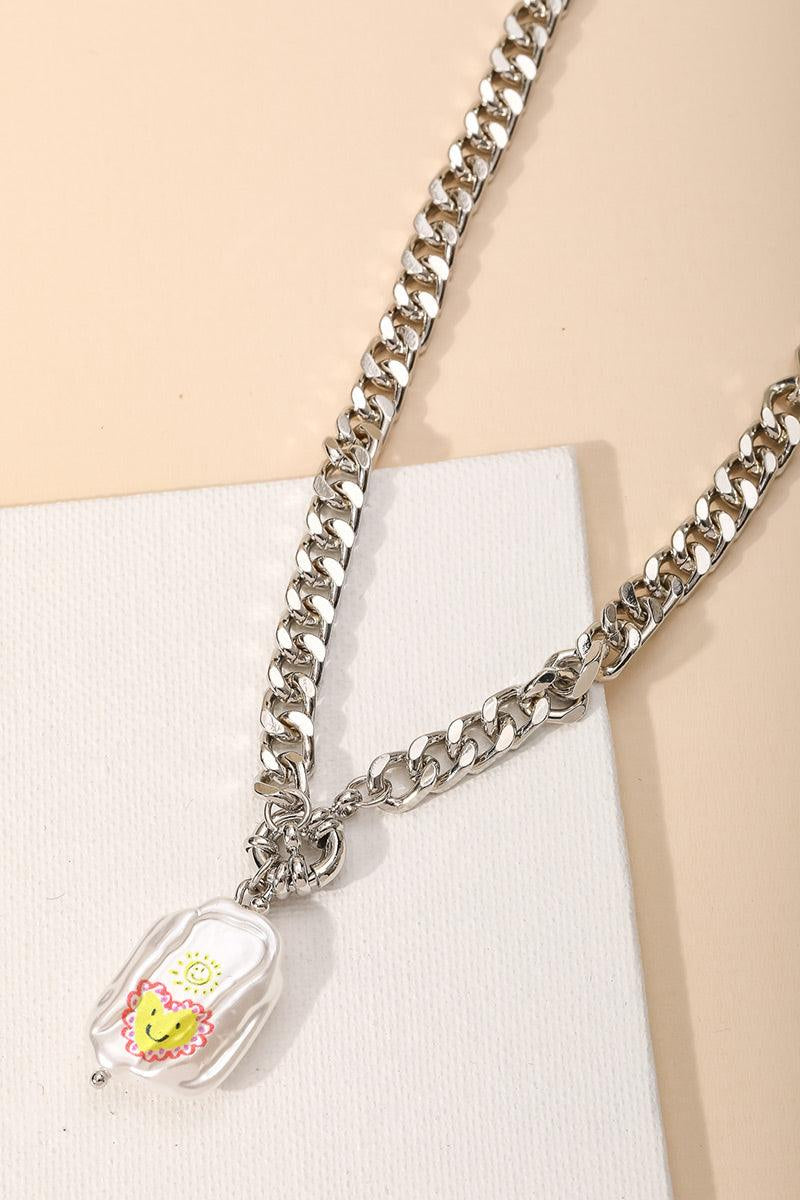 Smiling Heart Print Pearl Pendant Chain Necklace