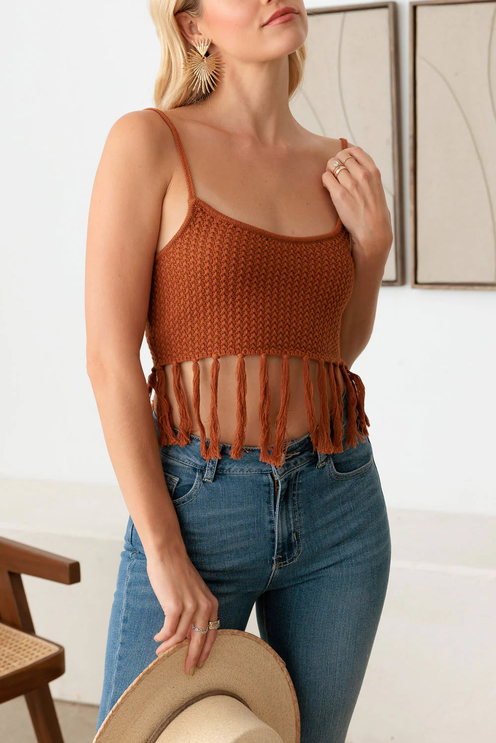 Boho Western Tassel Spaghetti Strap Crop Knit Top