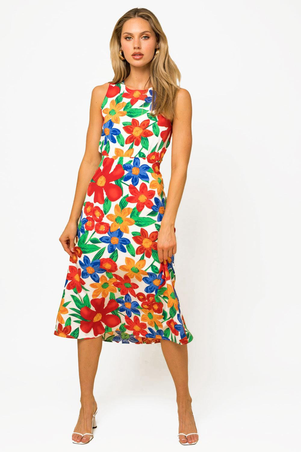 Tropical Floral Print Big Flowers Open Back Midi Dress