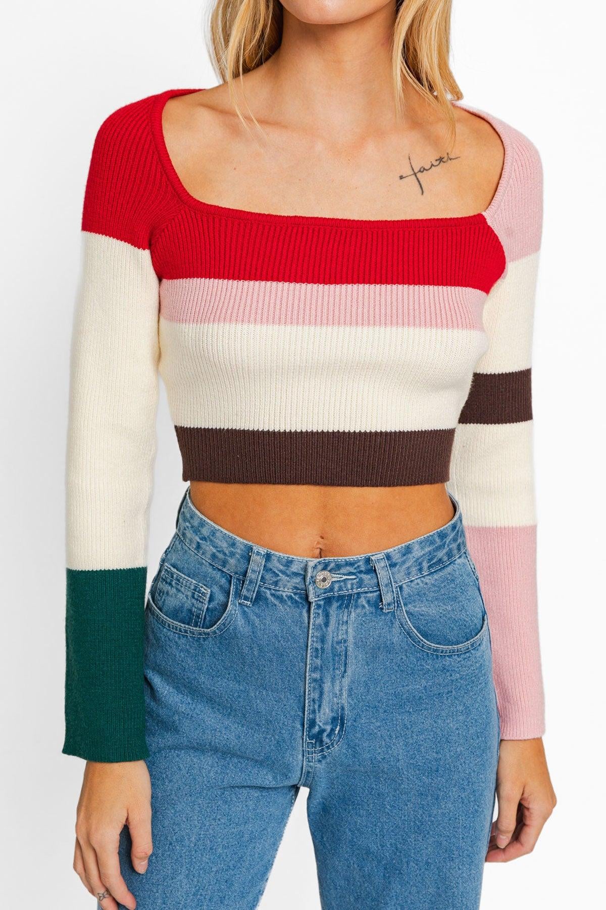 Long Sleeve Color Block Crop Stripe Knit Top