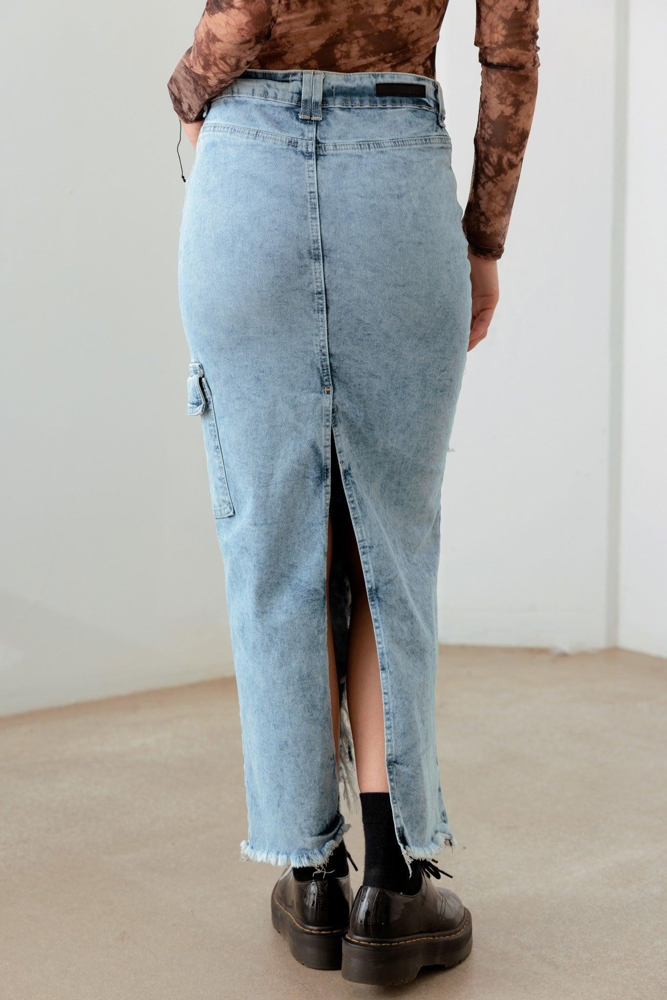 Front & Back Slit Cargo Pocket Maxi Denim Skirt