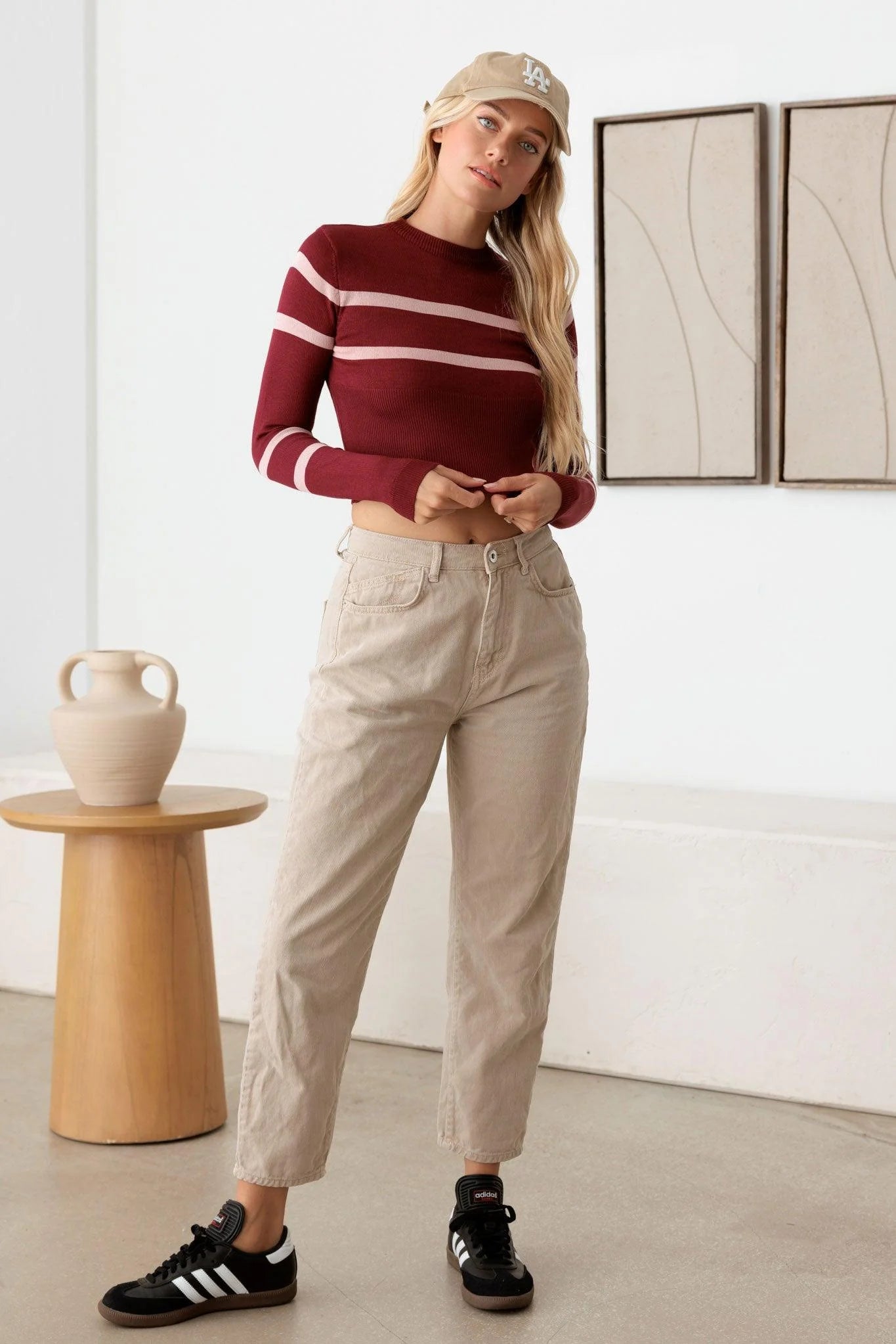 Stripe Long Sleeve Crop Knit Top