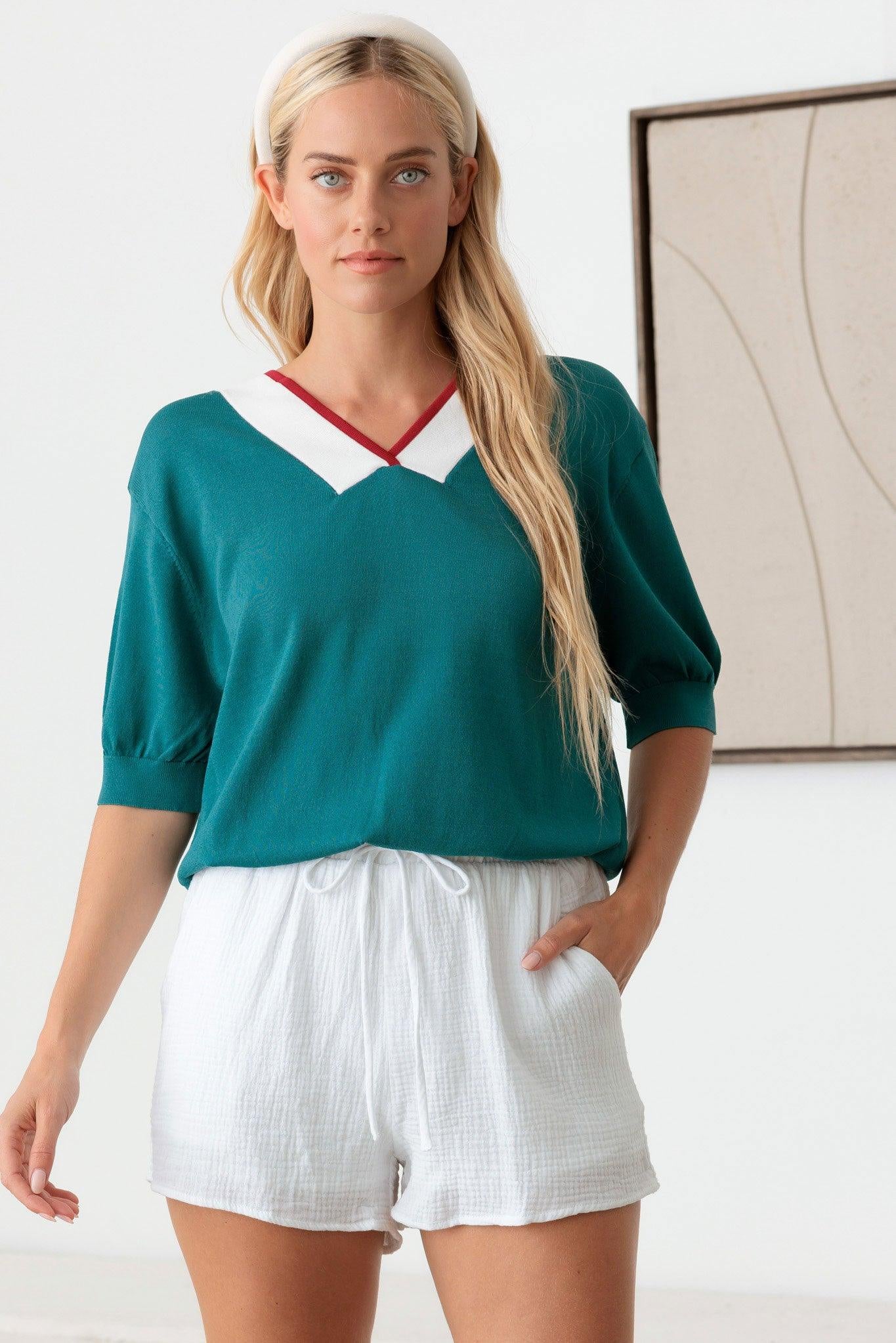 Teal Vintage Chevron Contrasting Accents Knit Top