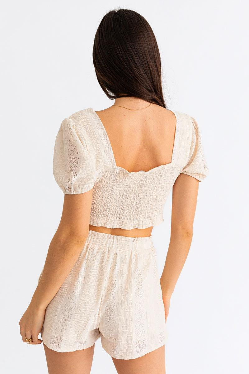 Lace Short Puff Sleeve Smocked Back Crop Top