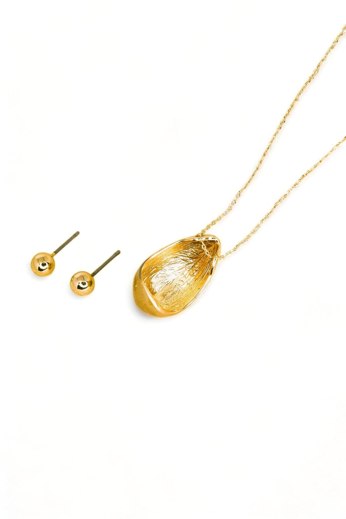 Ball Shape Earrings Oval Dome Pendant Gold Necklace Set