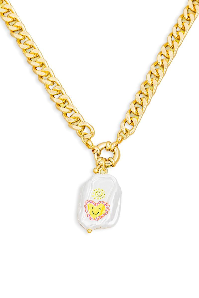 Smiling Heart Print Pearl Pendant Chain Necklace