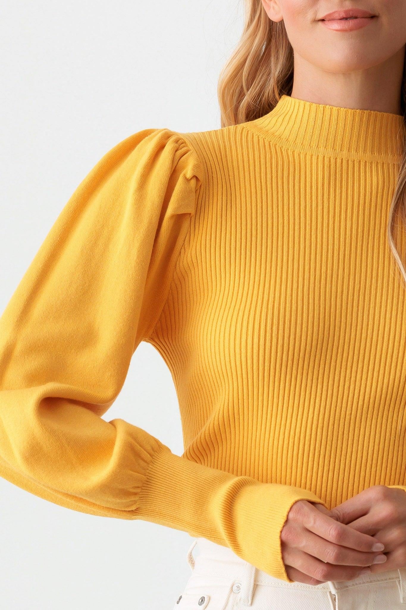 Ribbed Mock Neck Long Balloon Sleeve Sweater