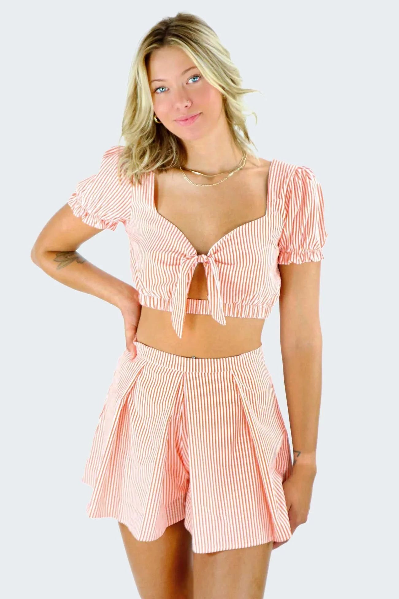 Stripe Self-Tie Crop Top High Waist Bottom Shorts Set