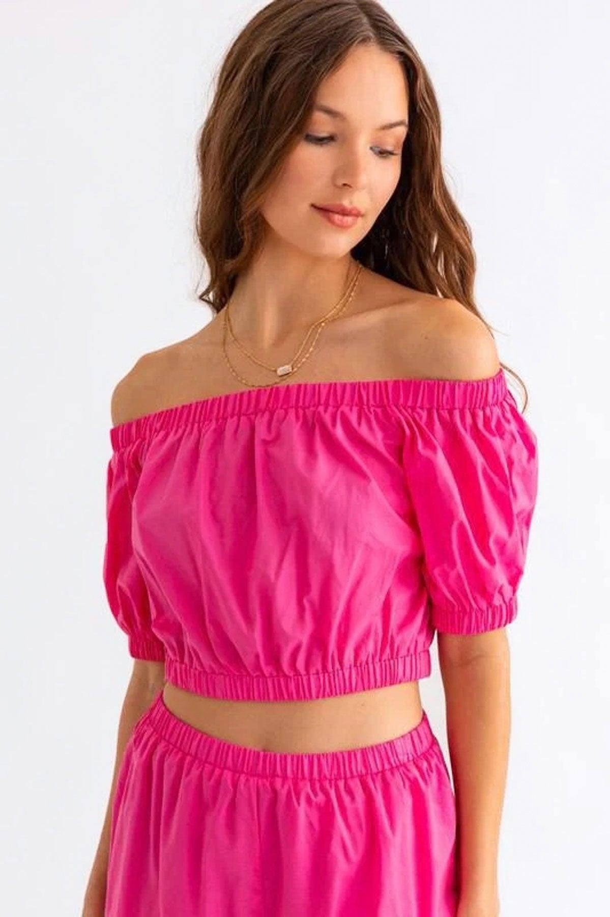 Hot Pink off Shoulder Crop Top Ruffle Shorts Set