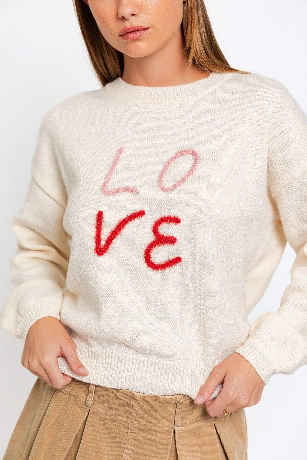 Round Neck Recycled Poly Mix "LOVE" Knit Sweater