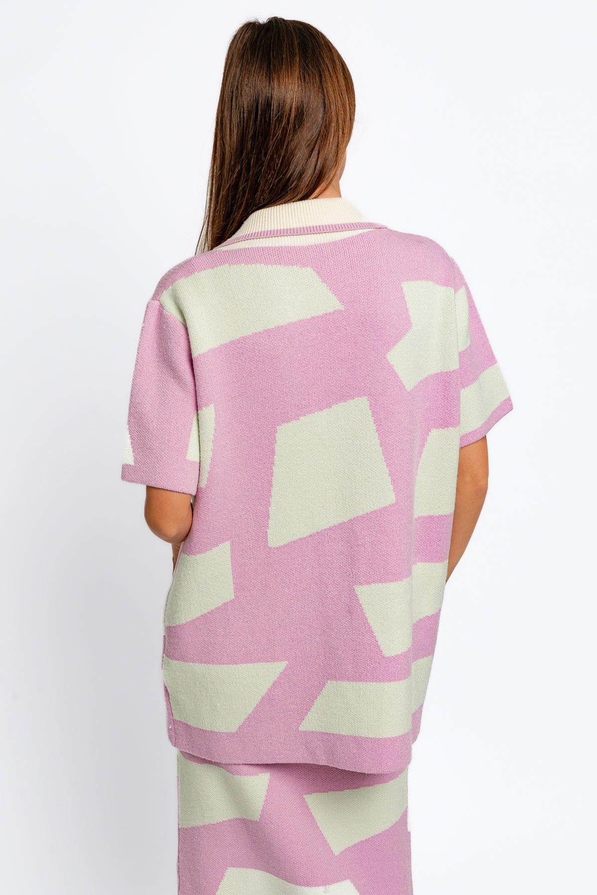 Abstract Printed Short Sleeve Collared Sweater Shirt