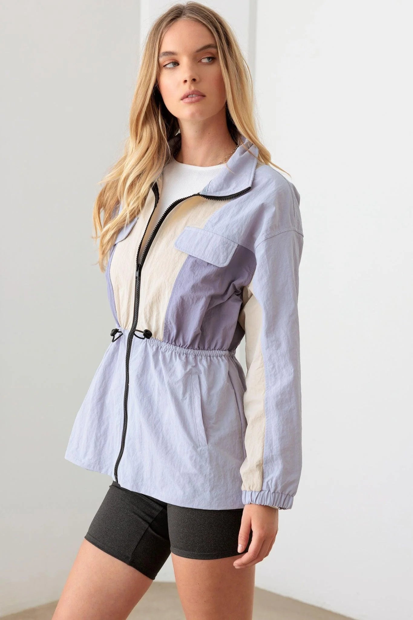 Lavender Color Block Collared Wind Breaker Jacket