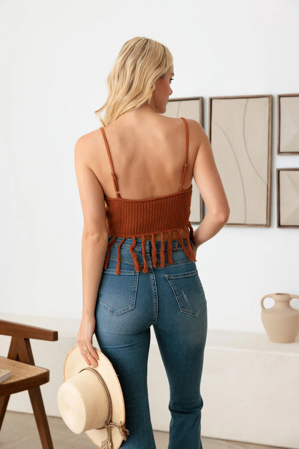 Boho Western Tassel Spaghetti Strap Crop Knit Top