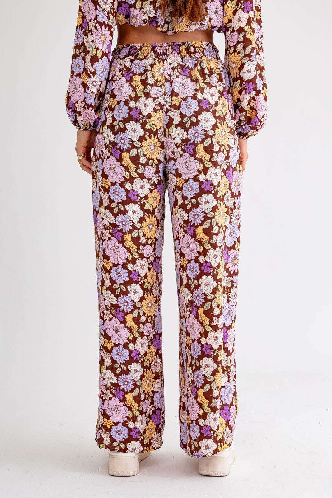 Floral Long Sleeve Crop Top & Wide Leg Pants Set