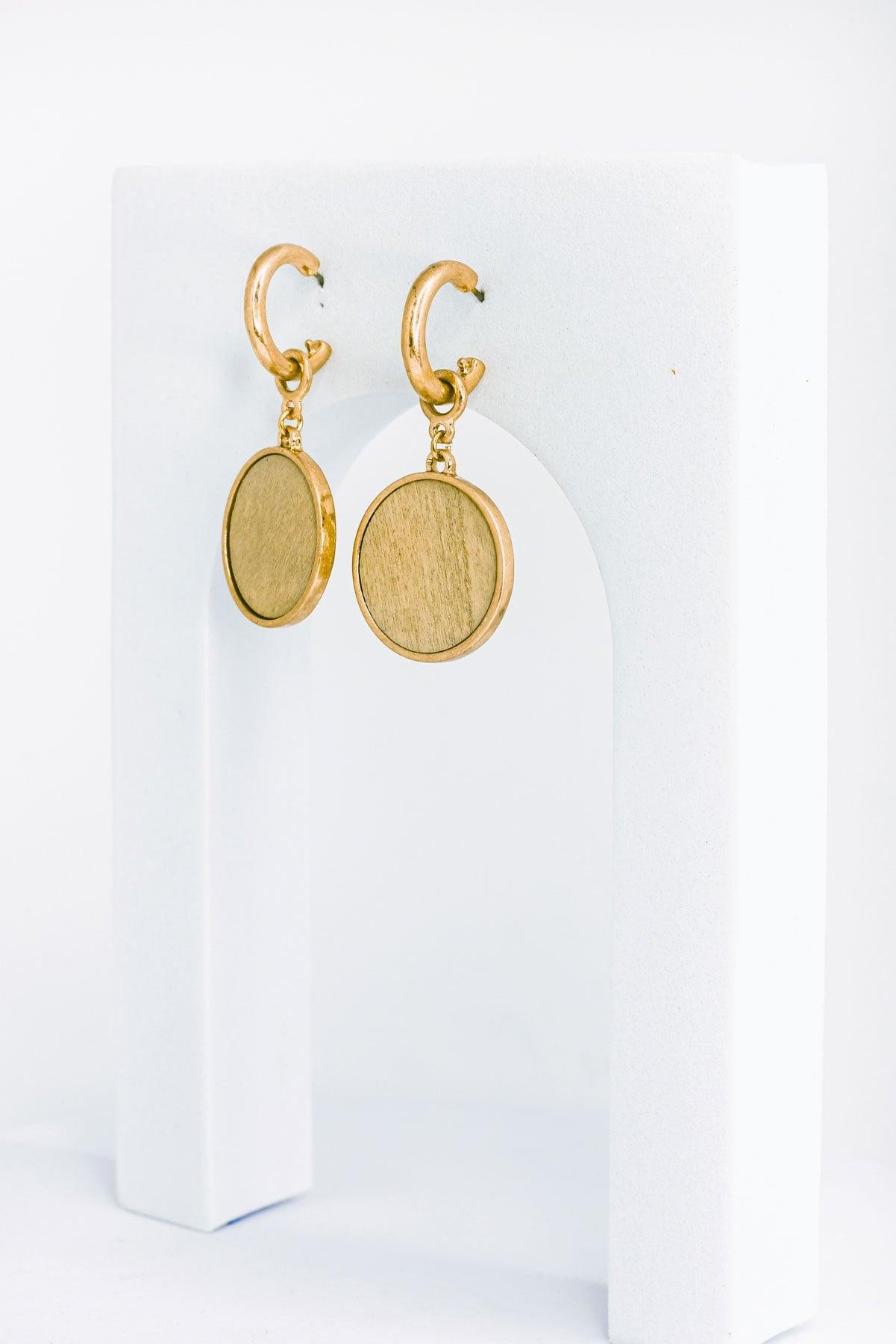 Solid Wooden Disc round Drop Plated Earrings