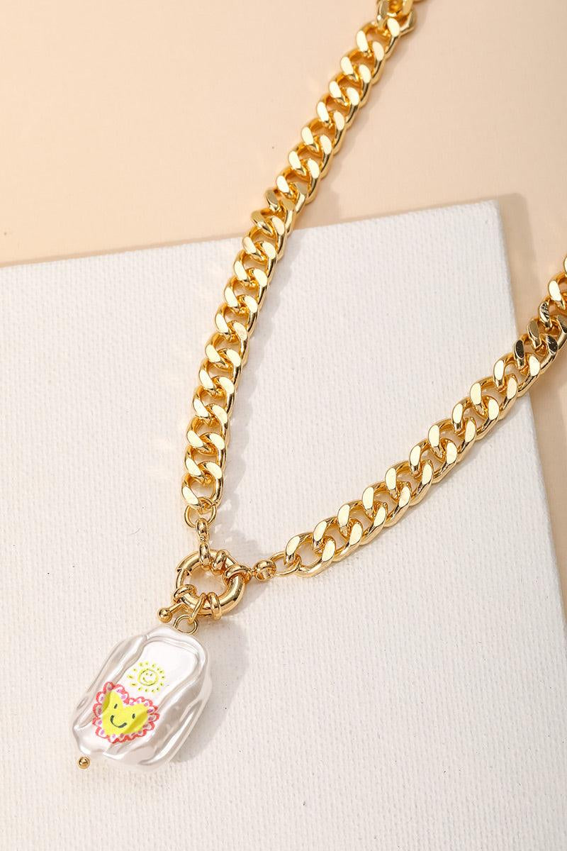 Smiling Heart Print Pearl Pendant Chain Necklace