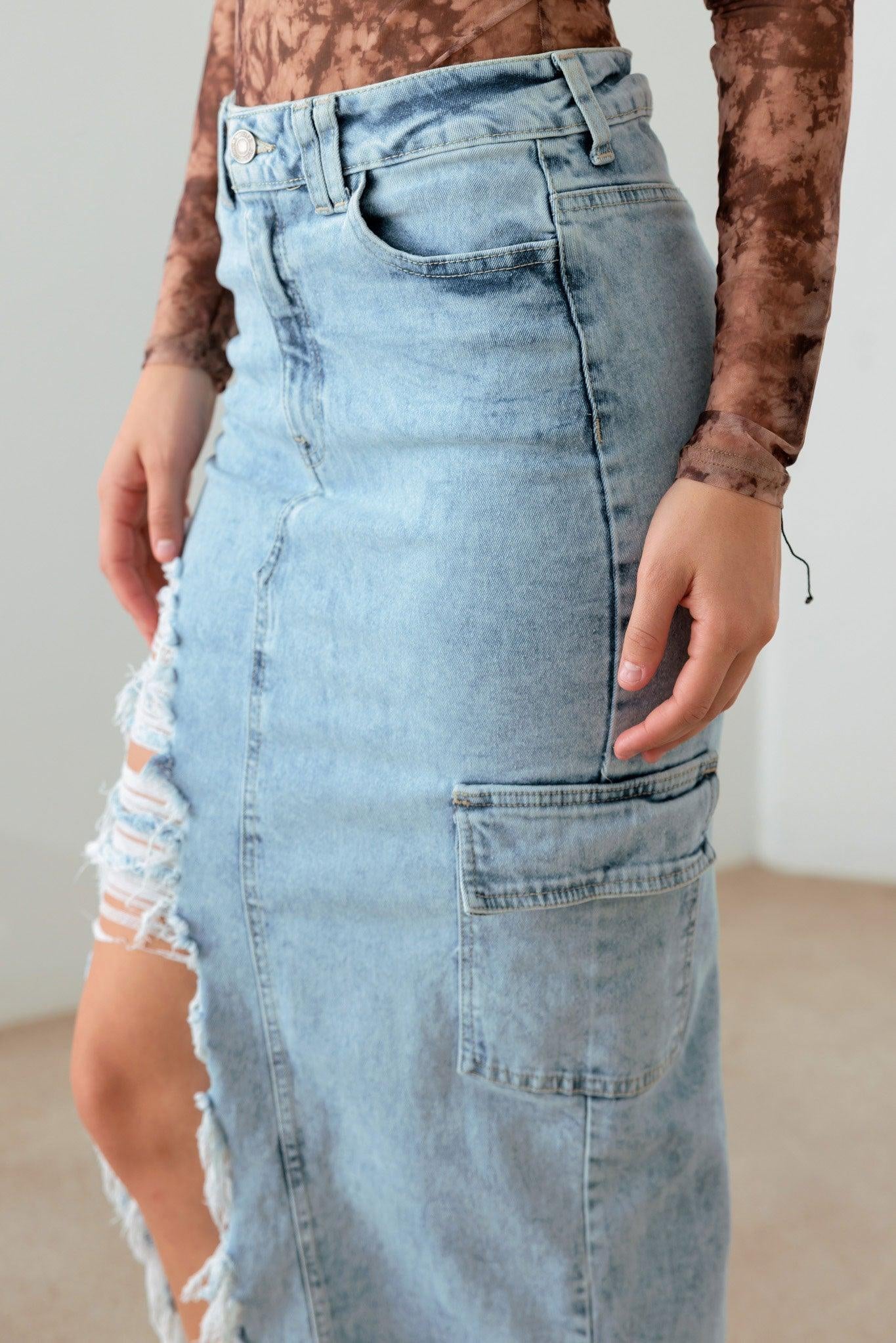 Front & Back Slit Cargo Pocket Maxi Denim Skirt