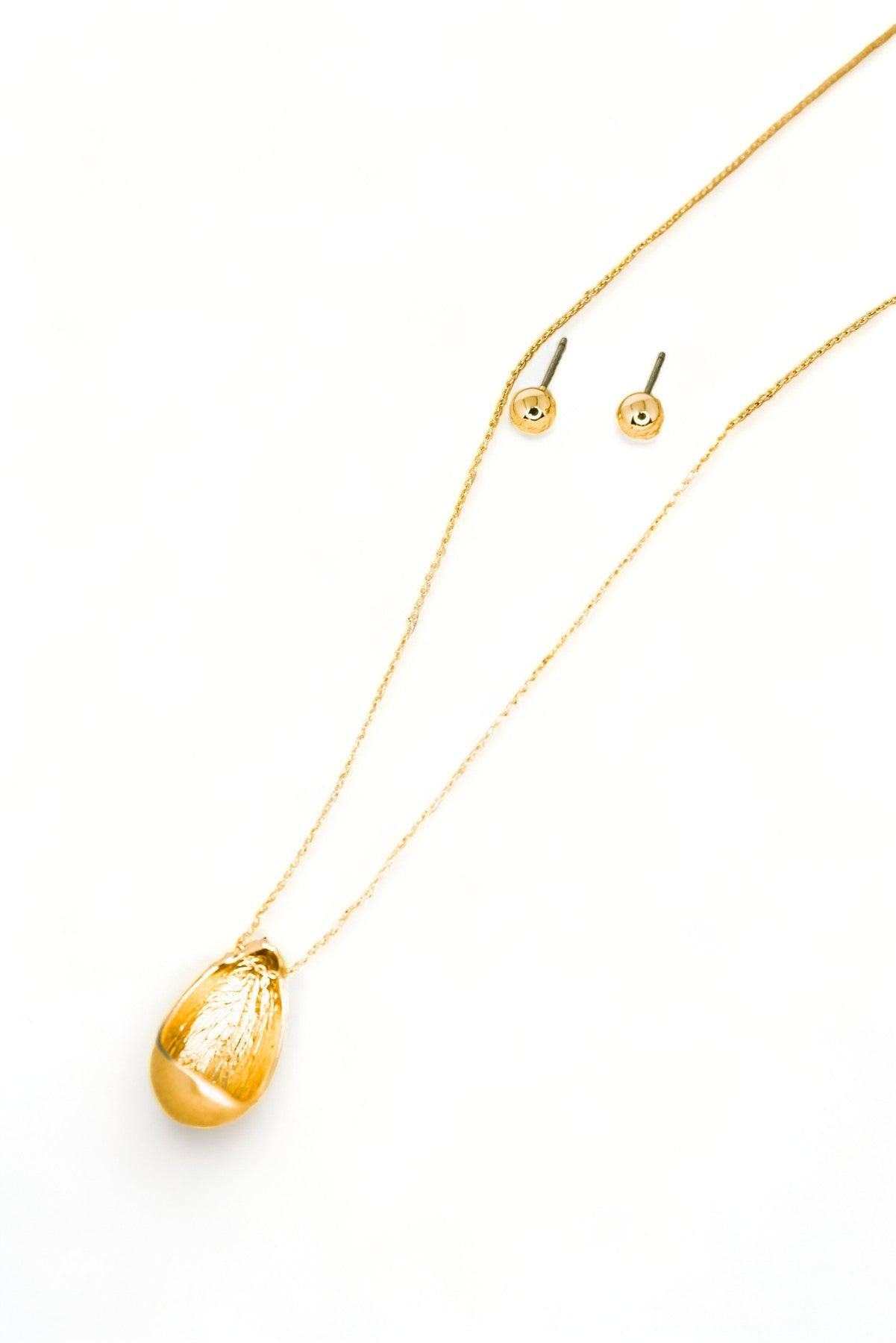 Ball Shape Earrings Oval Dome Pendant Gold Necklace Set