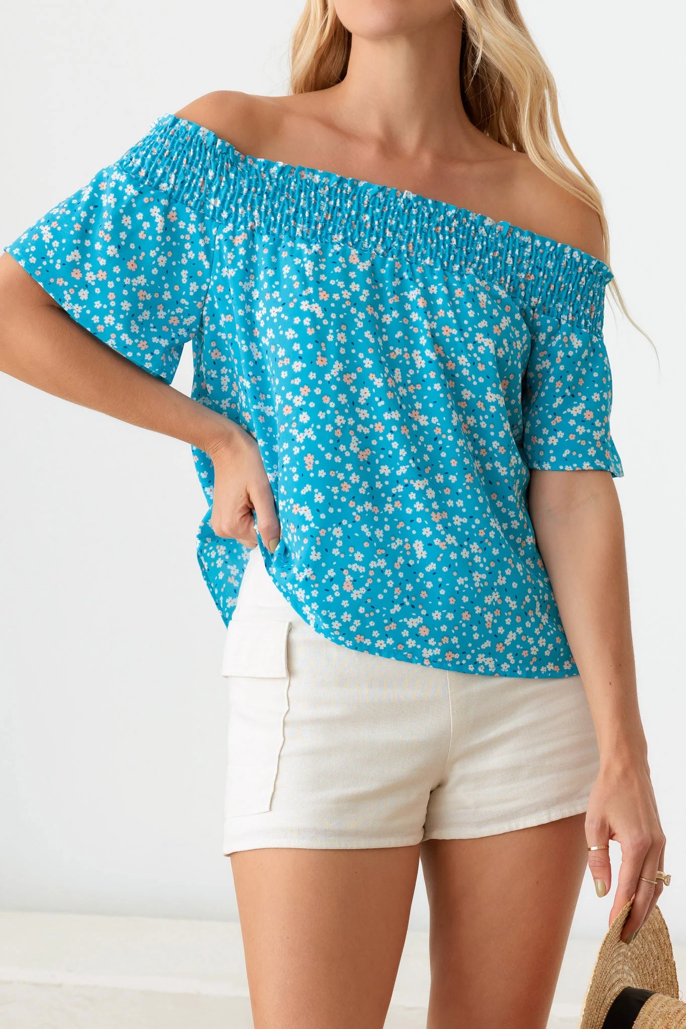 Off Shoulder Smocking Band Ditsy Print Top