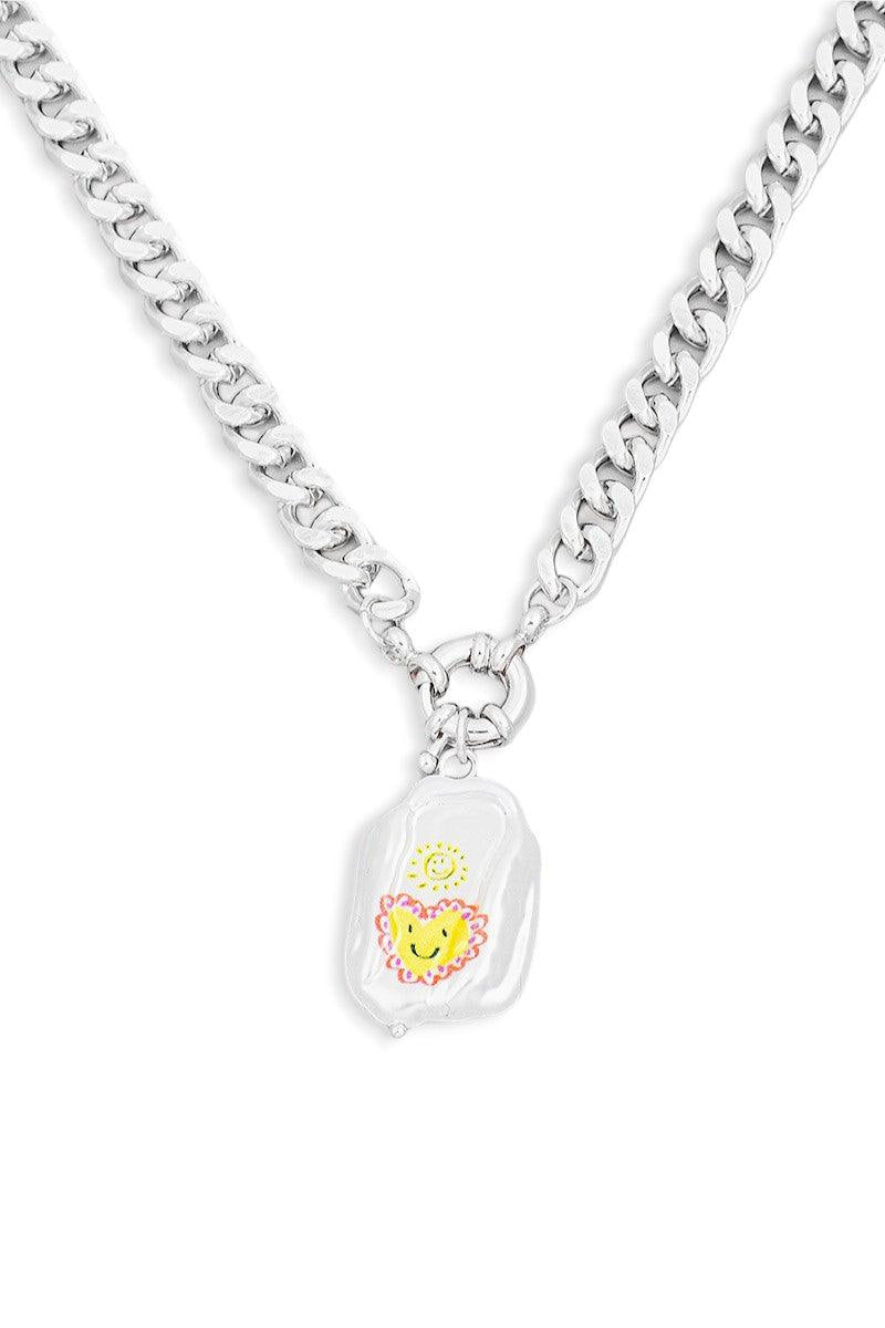 Smiling Heart Print Pearl Pendant Chain Necklace