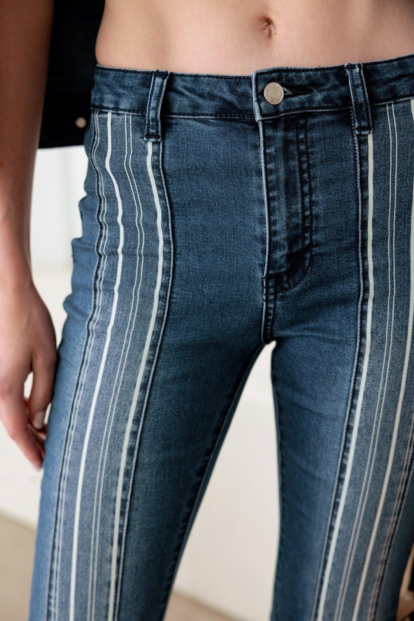 Blue Mid Rise Flare Pin Stripe Jeans