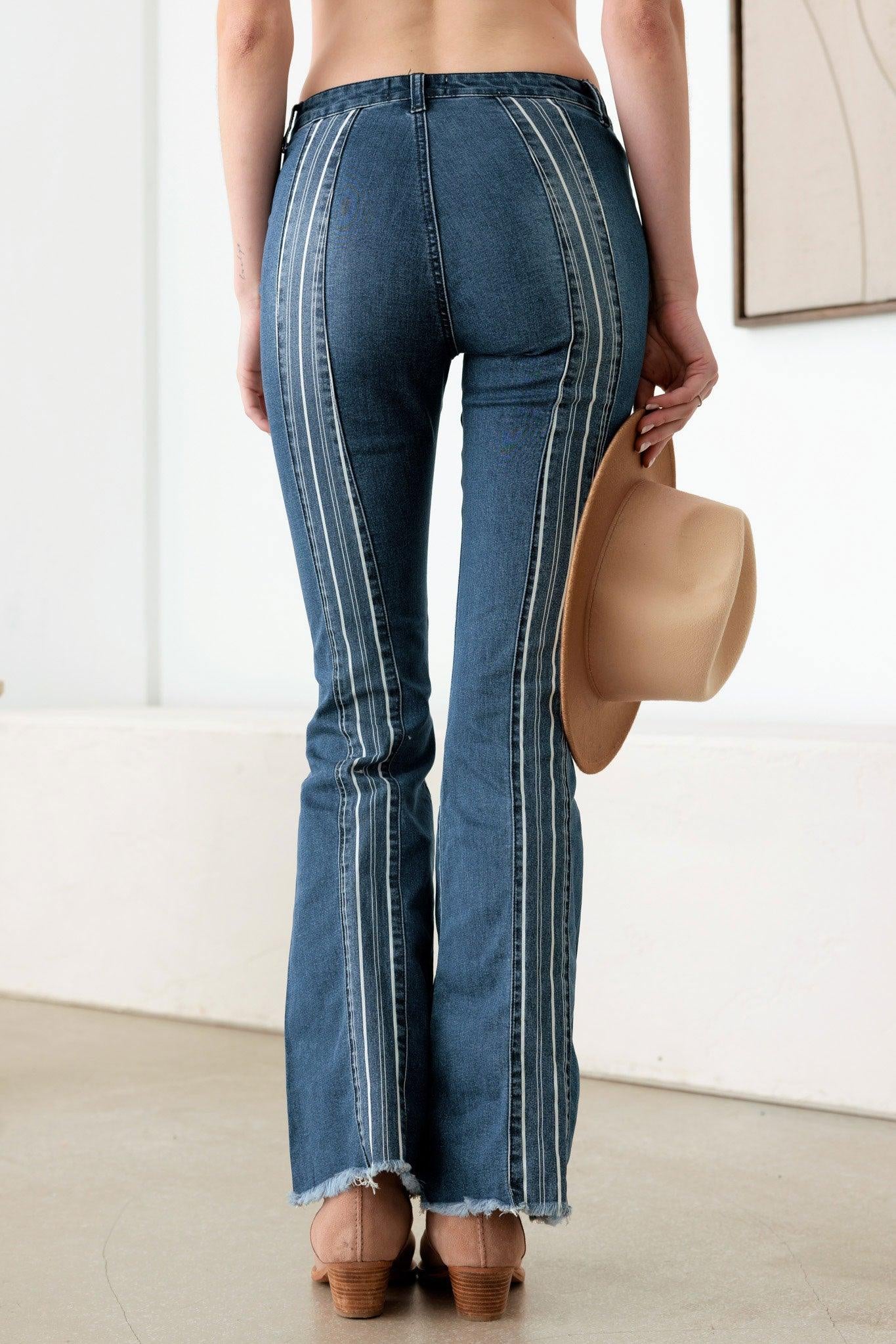 Blue Mid Rise Flare Pin Stripe Jeans