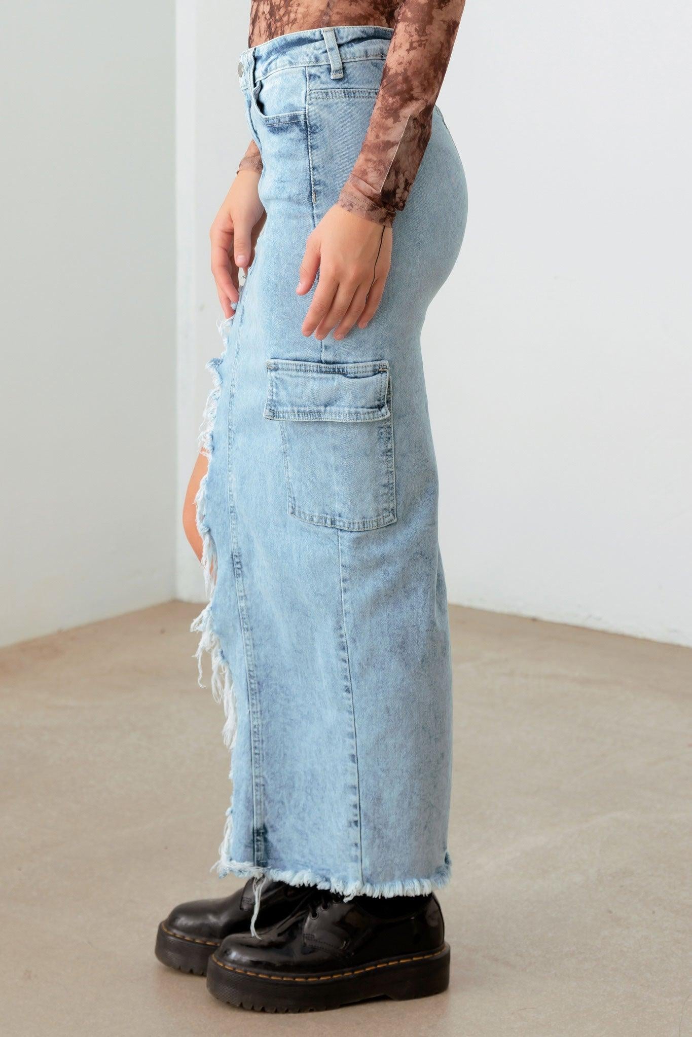 Front & Back Slit Cargo Pocket Maxi Denim Skirt