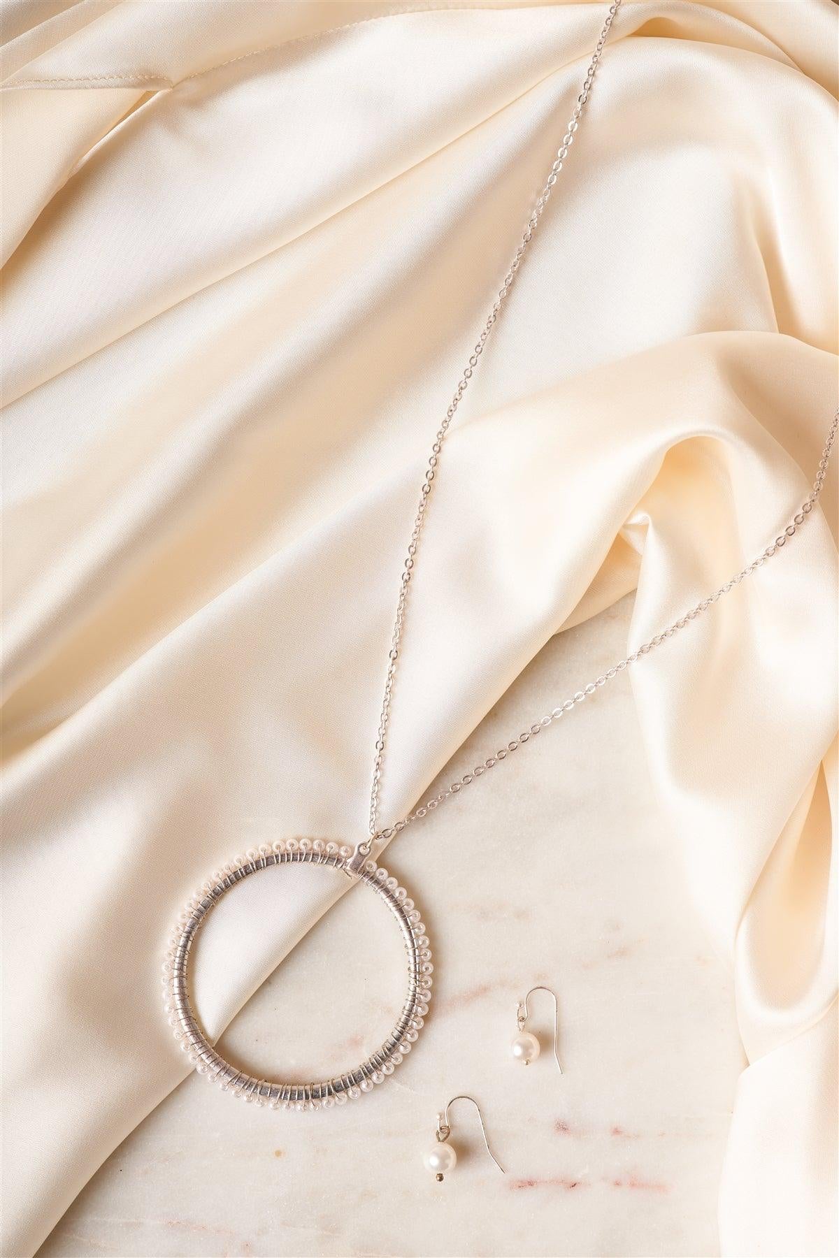 Silver Pearl Beaded Ring Pendant Jewelry Sets