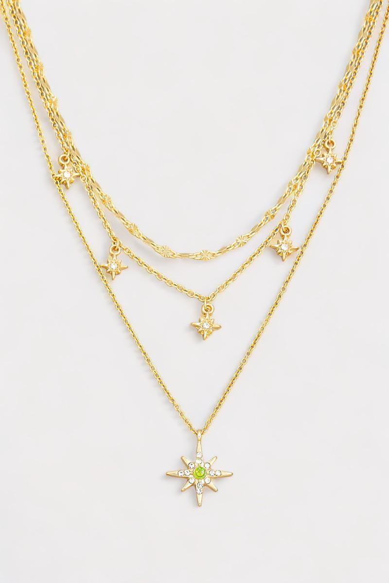 Layered Metal Chain Rhinestone Star Charm Necklace