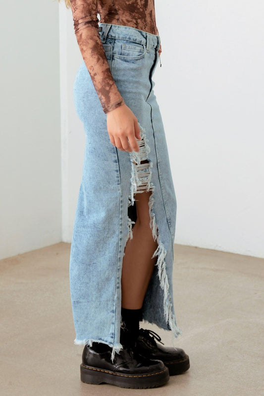 Front & Back Slit Cargo Pocket Maxi Denim Skirt