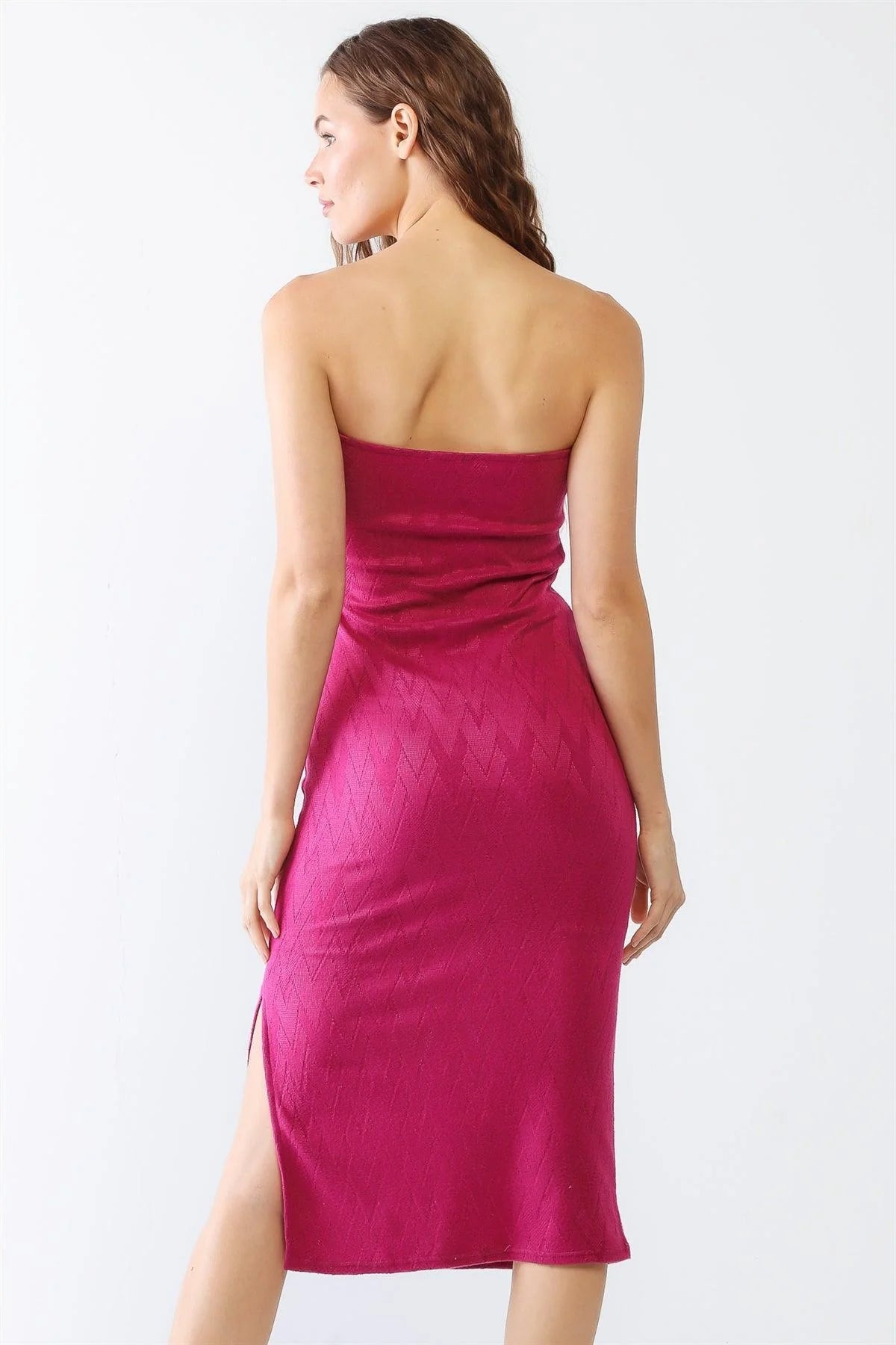 Magenta & Jade Geo Print Strapless Side Slit Midi Dress