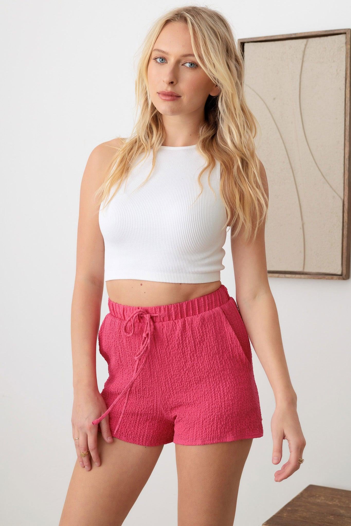 Textured Elastic Waist Tie Shorts