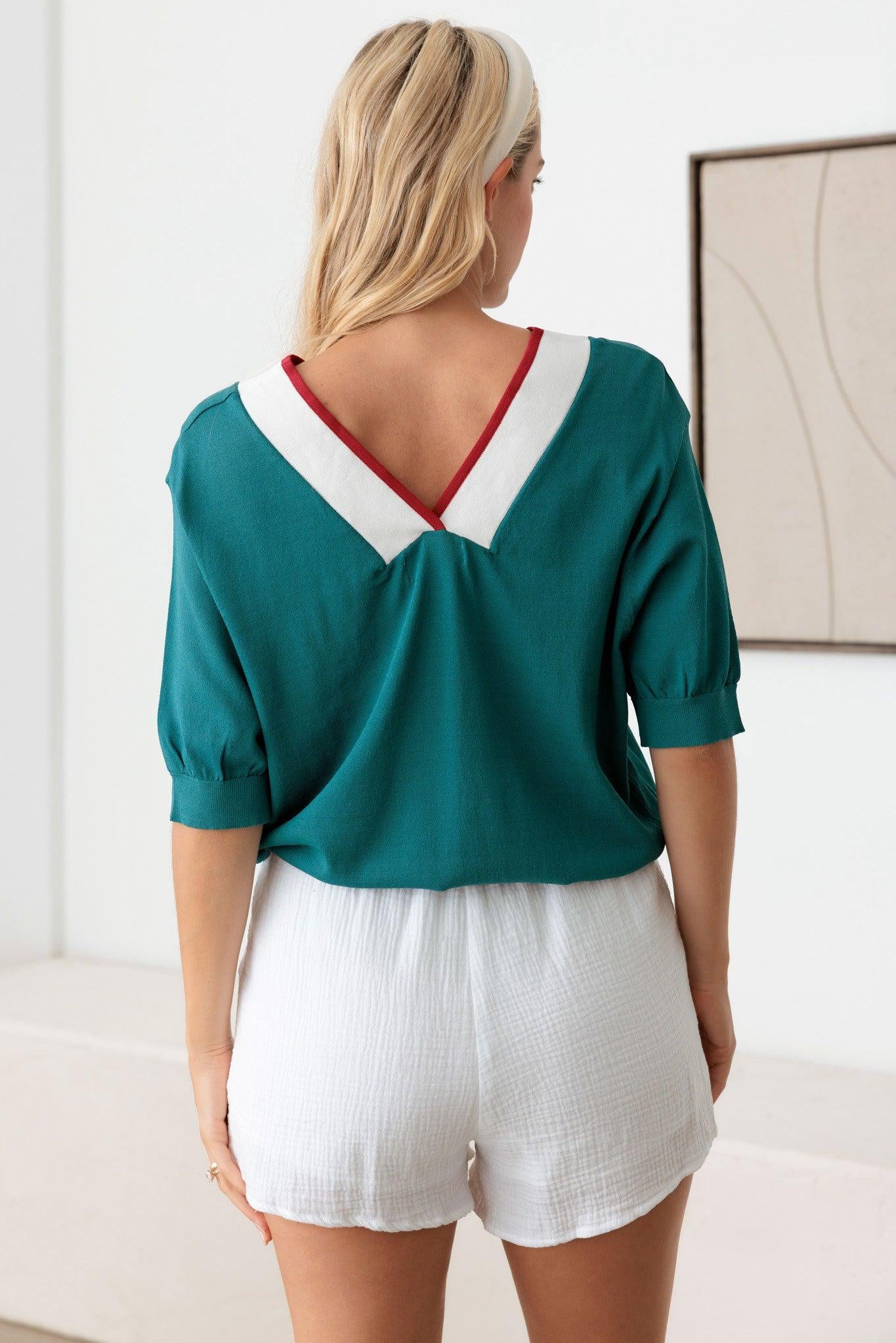 Teal Vintage Chevron Contrasting Accents Knit Top