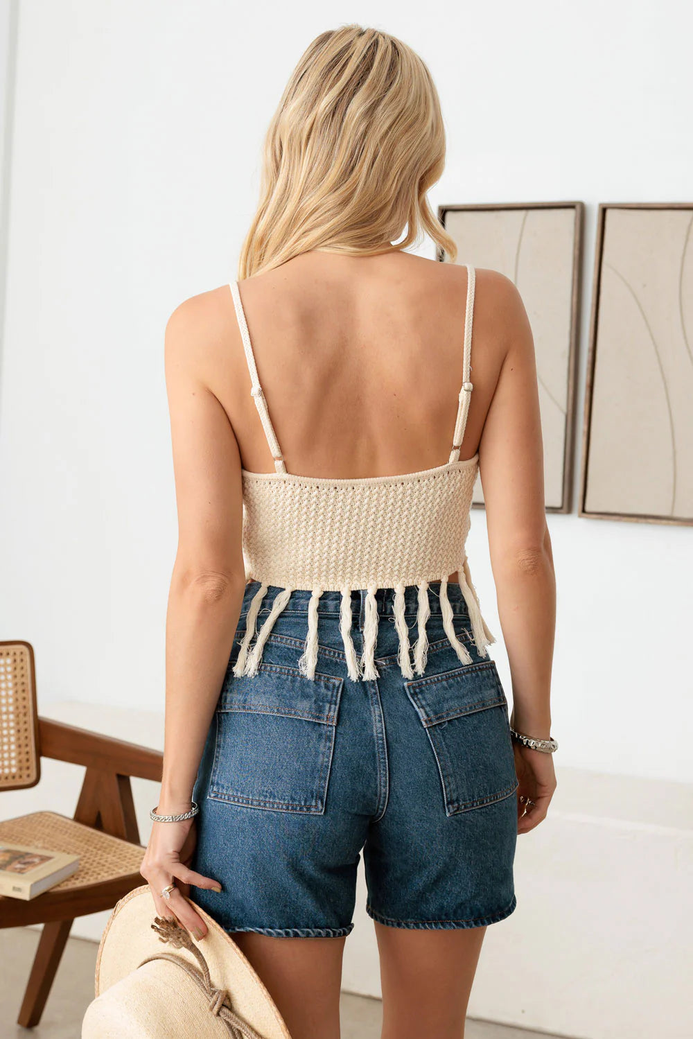 Boho Western Tassel Spaghetti Strap Crop Knit Top