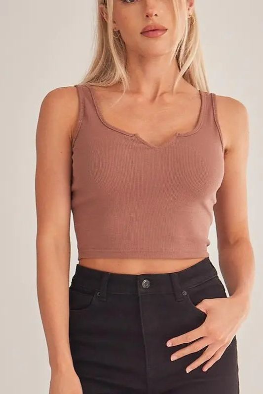 Cropped Split Neckline Knit Tank Top 