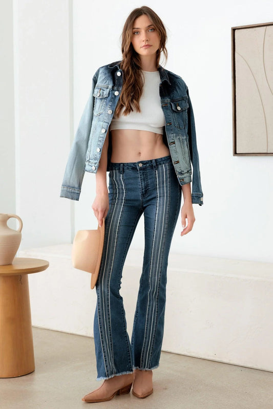 Blue Mid Rise Flare Pin Stripe Jeans