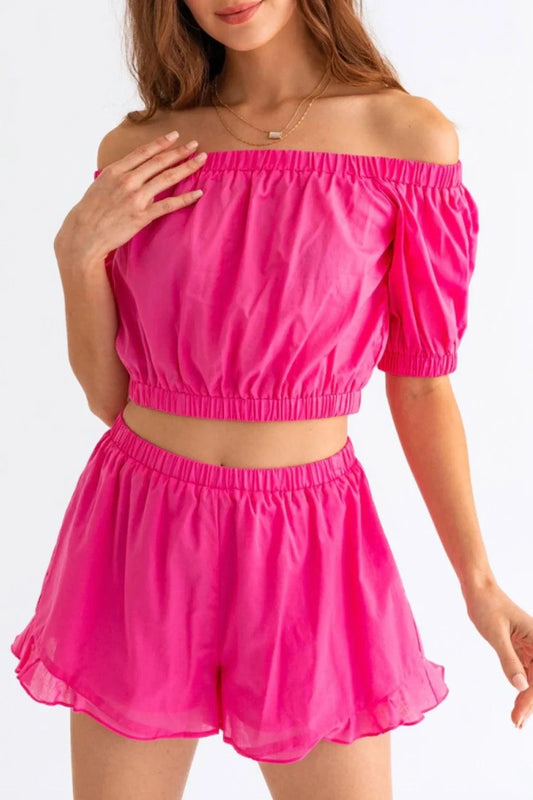 Hot Pink off Shoulder Crop Top Ruffle Shorts Set