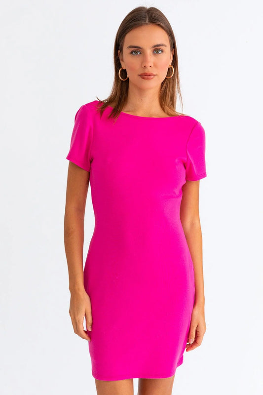 Hot Pink Short Sleeve Low Back Mini Dress