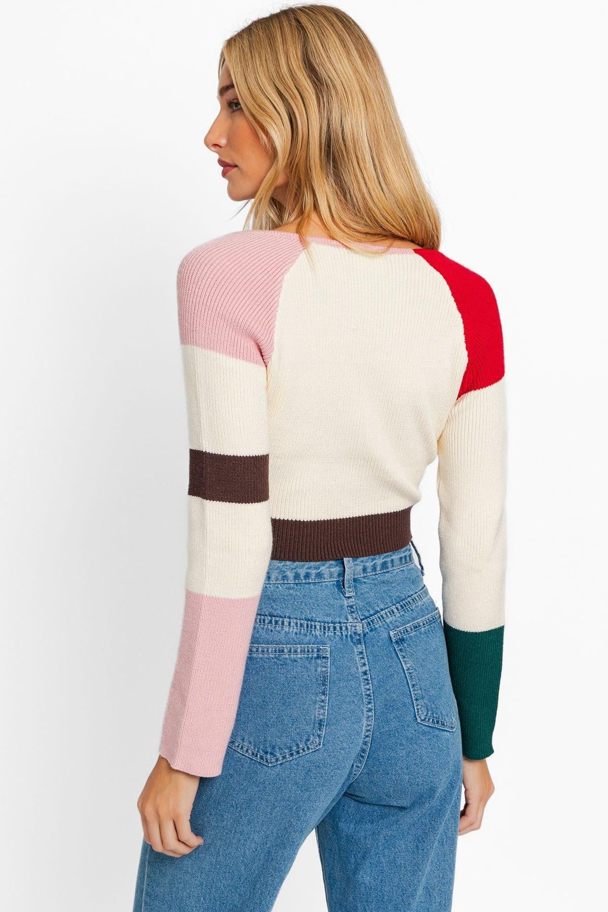 Long Sleeve Color Block Crop Stripe Knit Top