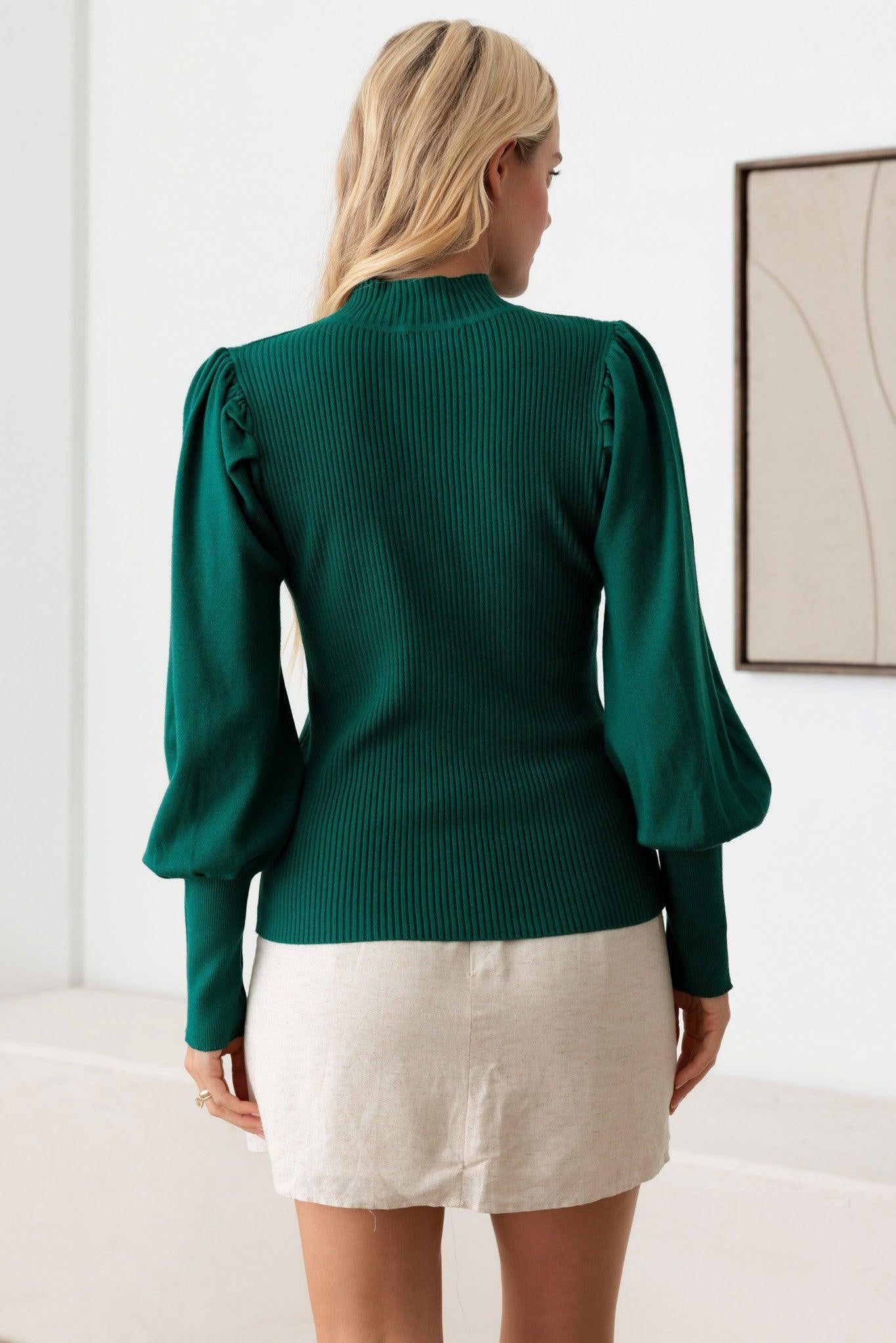 Ribbed Mock Neck Long Balloon Sleeve Sweater