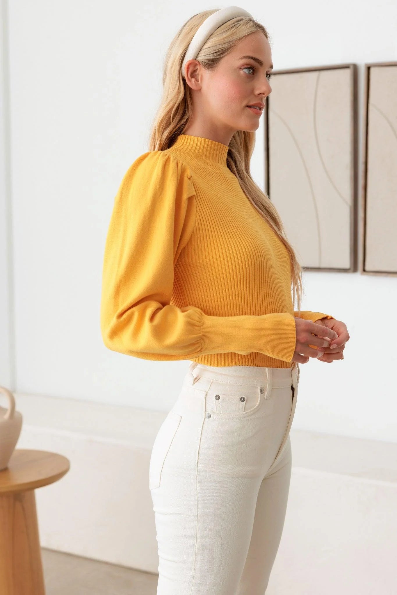 Ribbed Mock Neck Long Balloon Sleeve Sweater